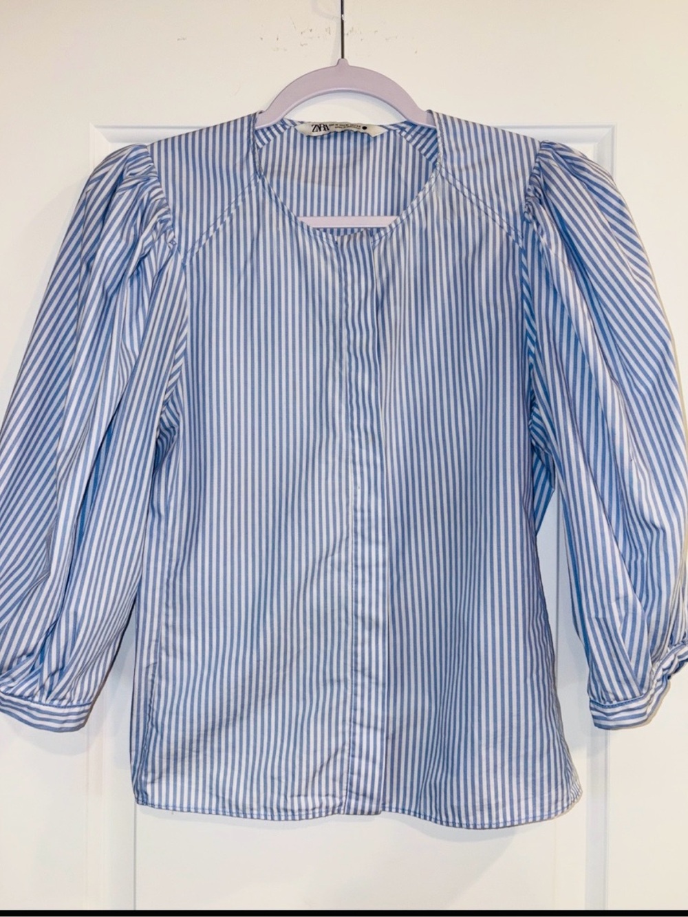 Zara Blouse Cotton Striped Puff Sleeve |Blue White | M - Picture 3 of 9